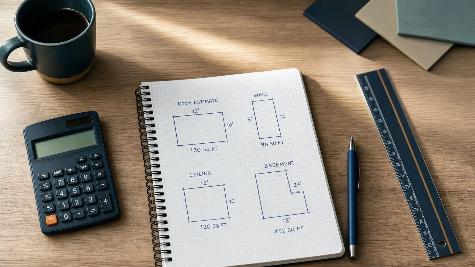 Overhead flat-lay of a graph paper notebook with simple estimation sketches, a calculator, a ruler, and a coffee mug on a clean wooden desk.