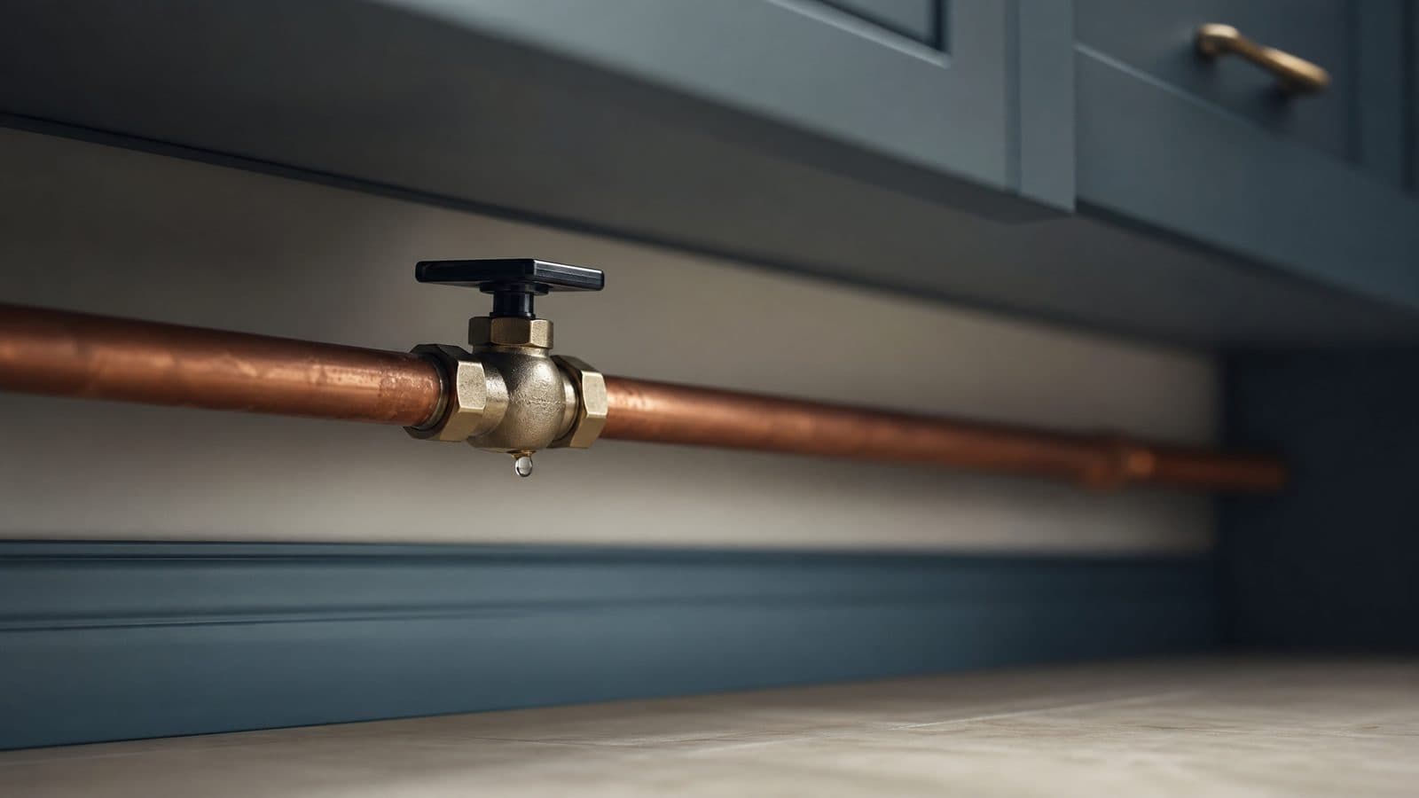Generic copper supply line under a clean utility cabinet with a water shutoff valve and a single bead of water on the metal.