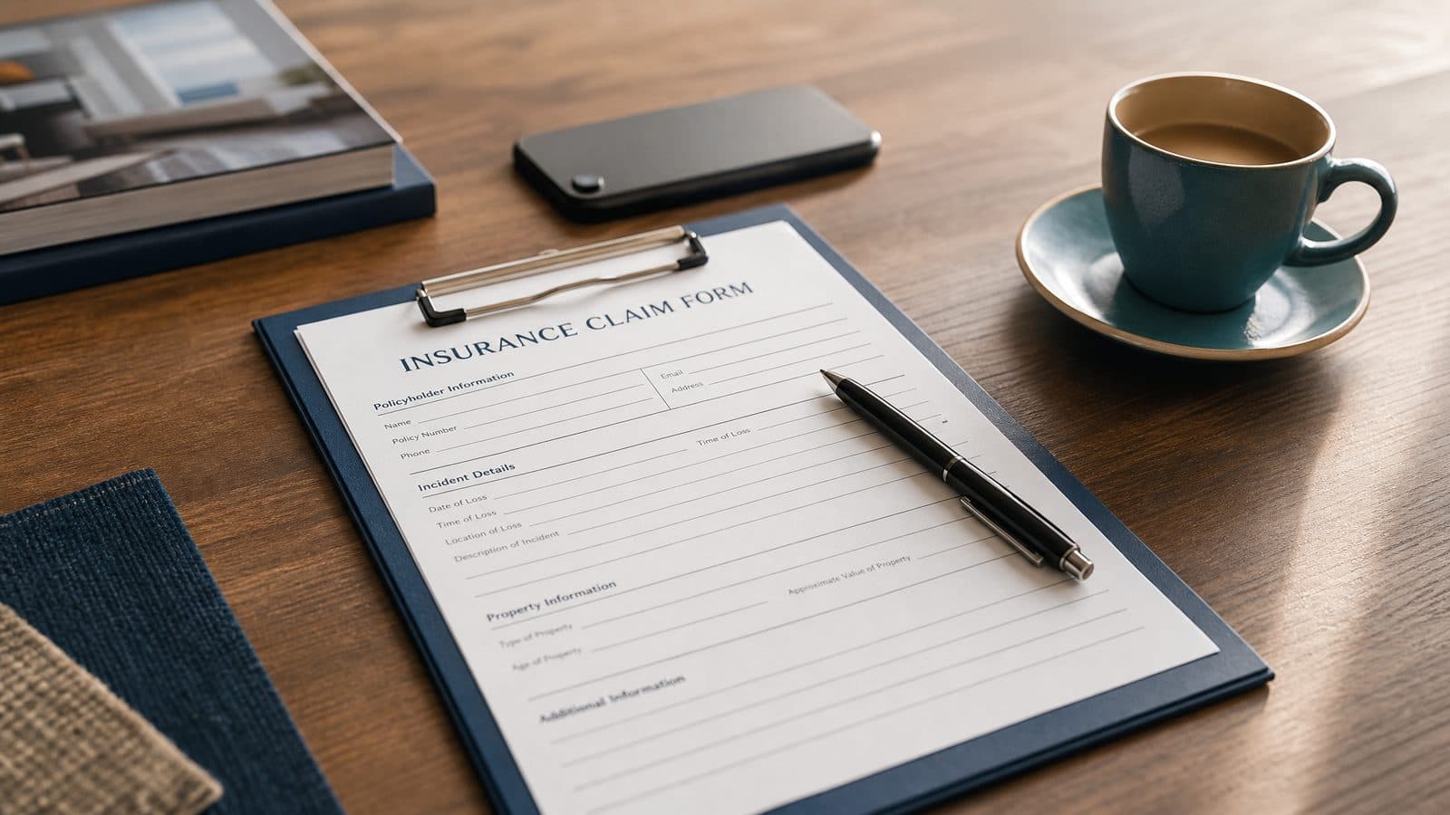 Flat-lay of a blank insurance claim form, a ballpoint pen, a coffee cup, and a smartphone on a clean wooden desk.