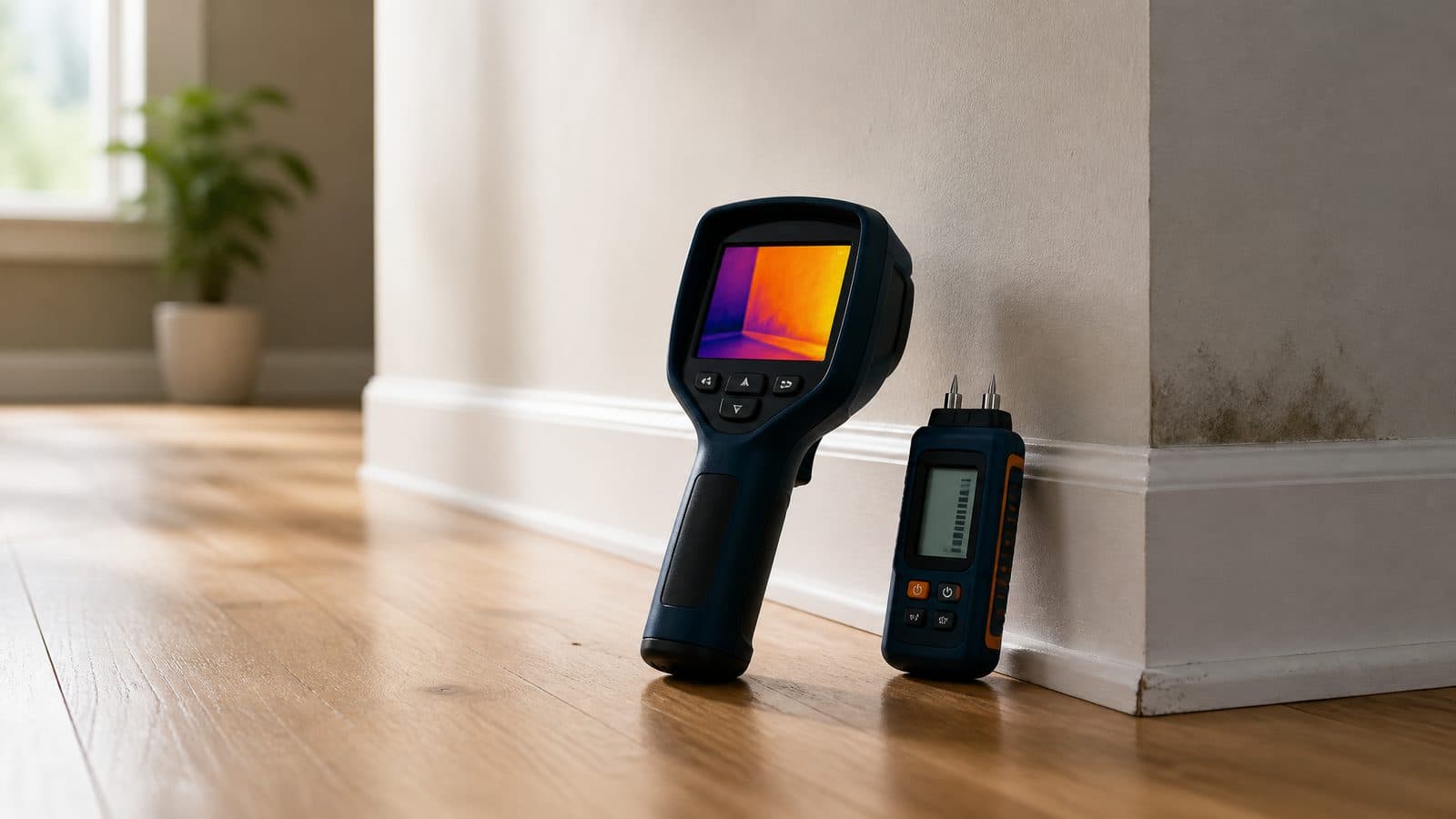 Infrared thermal imaging camera and a pin-style moisture meter on a clean wooden floor in front of a plain wall.