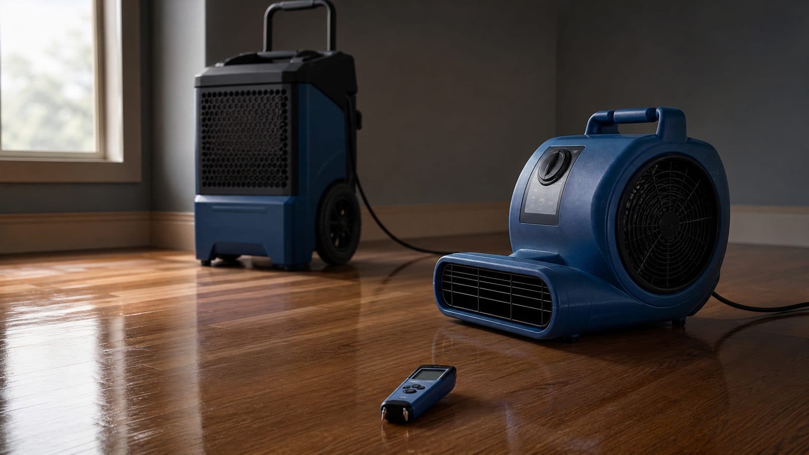 Air mover, dehumidifier, and a small moisture meter in a generic empty room with a clean wooden floor.