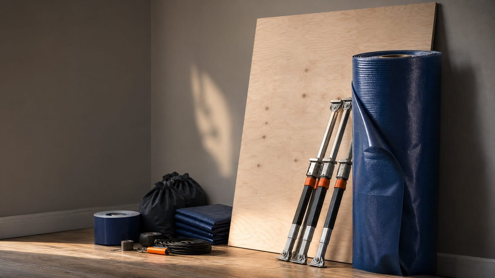 Sheet of plywood and a roll of heavy duty tarp leaning against a plain interior corner with weatherproofing supplies arranged on a wooden floor.