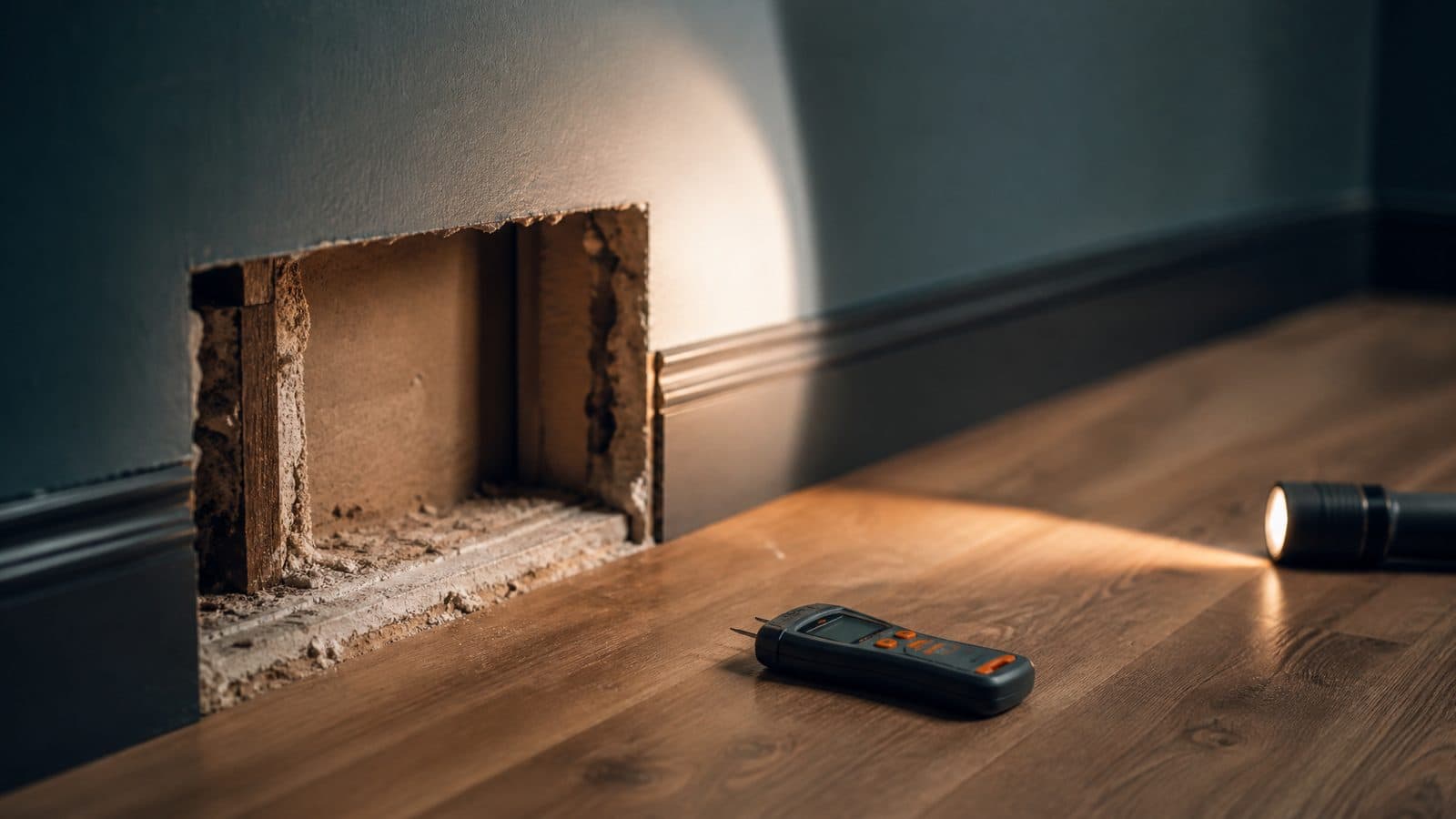 Moisture meter resting on a clean wooden floor next to a small open inspection cut in a plain interior wall.