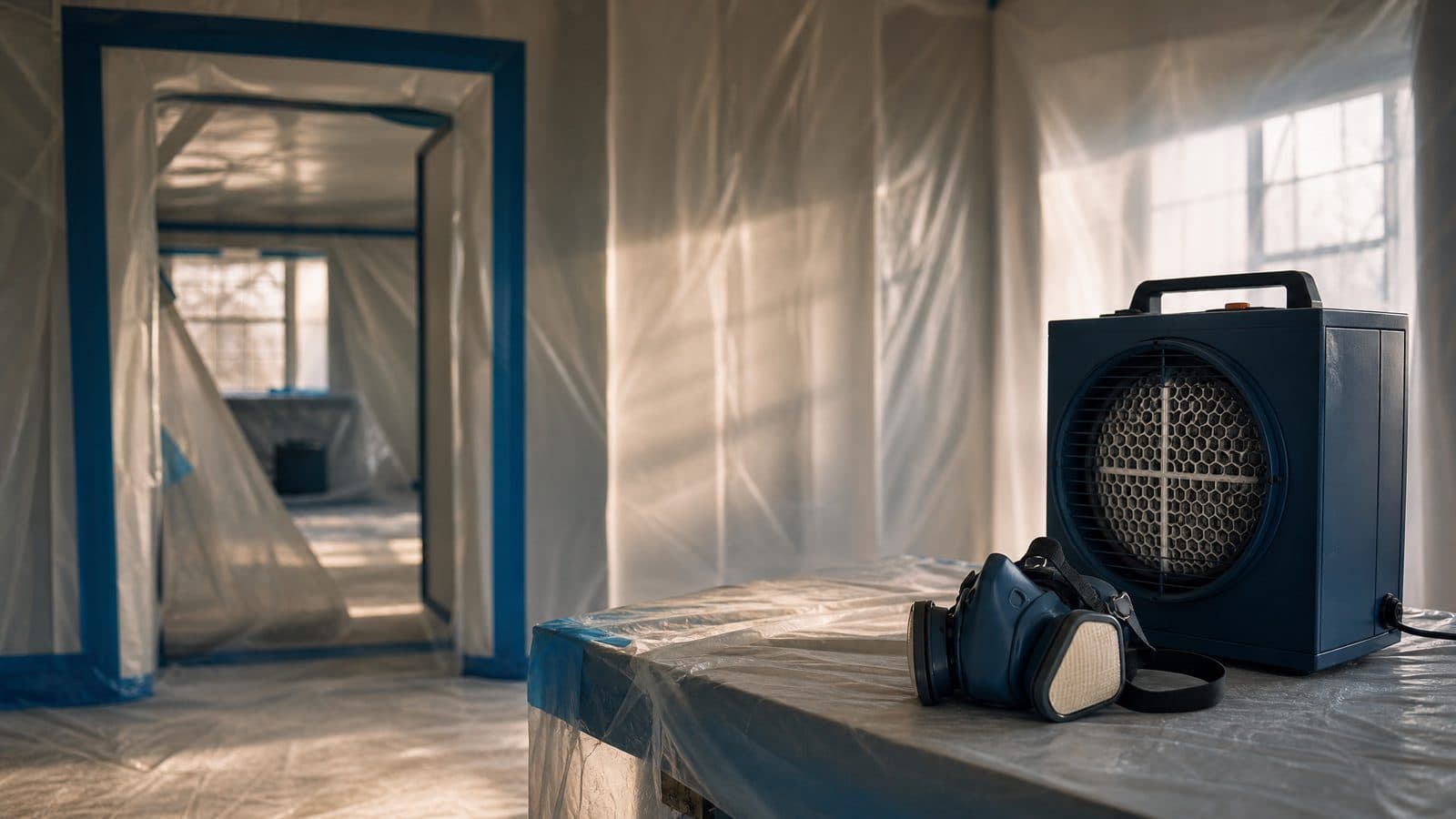 Translucent plastic containment sheeting in a generic interior with a HEPA air scrubber and a respirator mask on a worktable.