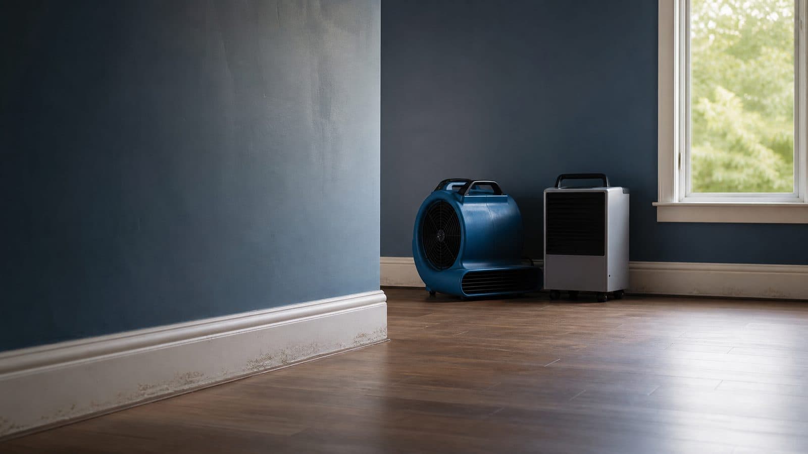 Air mover and dehumidifier on the floor of a generic empty residential room with subtle water staining on the baseboard.